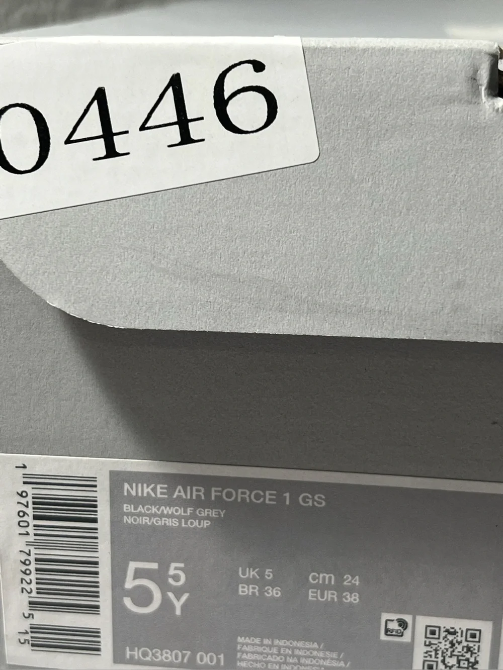 Nike Air Force 1 GS Black Wolf Grey low top sneakers shoes Youth 5.5Y HQ3807-001
